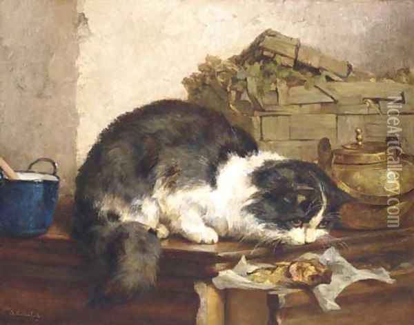 A cat in the kitchen Oil Painting - Charles van den Eycken