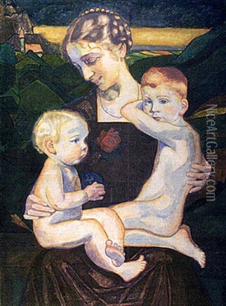 Mutter Mit Zwei Kindern, Vor Einer Gebirgslandschaft Sitzend Oil Painting - Carry van Biema