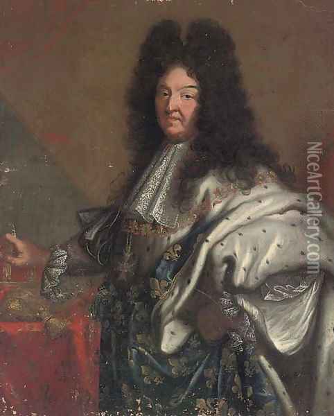 Portrait of King Louis XIV of France, three-quarter-length Oil Painting - Hyacinthe Rigaud