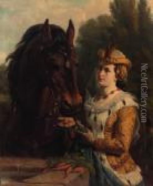 Jacoba Van Beieren With Her Horse Oil Painting - Otto Eerelman