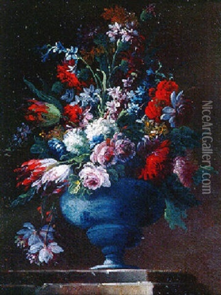 Vase De Fleurs Sur Un Entablement De Pierre Oil Painting - Giuseppe Lavagna