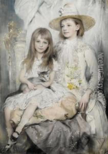 Portrait Of A Pair Of Young Girls Oil Painting - Joszi Arpad, Jan Koppay