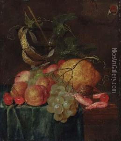 A Still Life With Shrimp, Grapes, Cherries, Peaches And A Glass Goblet On A Partially Covered Table Oil Painting - Isaac Van Duynen