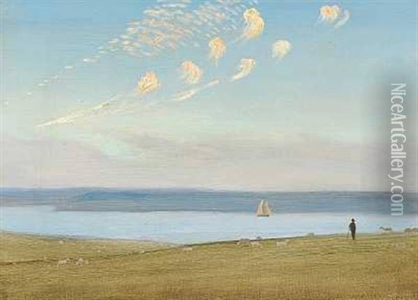 Fjordlandskab Med Far Og En Farehyrde Oil Painting - Harald Slott-Moller