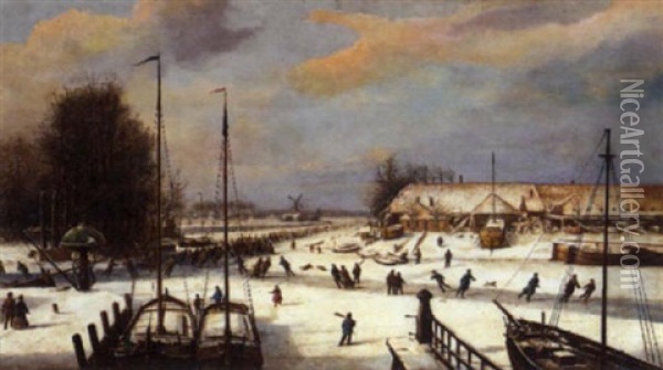 Skating On A Frozen River Oil Painting - Jacob Pluegger