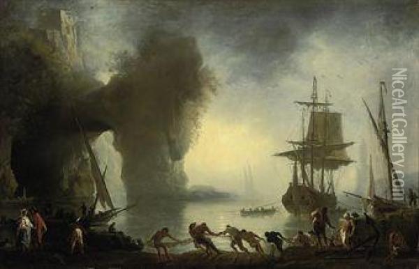 A Mediterranean Coastal Inlet With Fishermen Bringing In Theirnets, Shipping Beyond Oil Painting - Claude-joseph Vernet