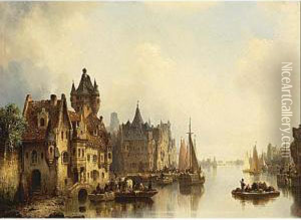 A Town On The Waterfront Oil Painting - Ludwig Herrmann