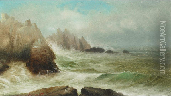Waves Trashing A Rocky Coast Oil Painting - George M. Hathaway