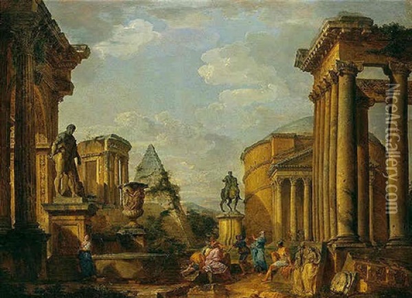 A Capriccio Of Roman Monuments With Saint Peter Preaching Oil Painting - Giovanni Paolo Panini