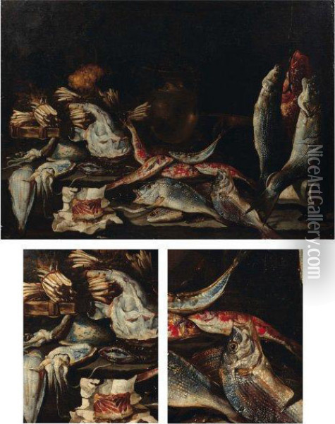 Repas De Peche Aux Rougets, Calamars,seiches, Sol, Merlan Et Saumon Oil Painting - Giuseppe Recco