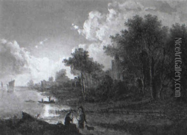Figures In A Moonlit Village By A Lake Oil Painting - John Berney Crome