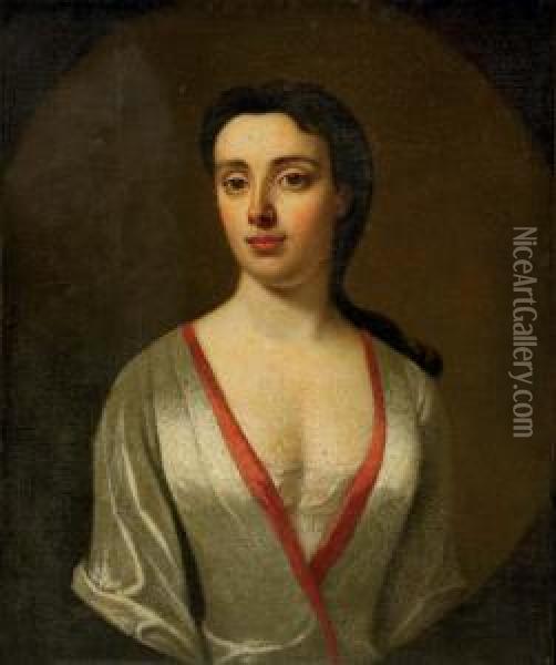 Portrait Of A Rebecca Rutter Of 
Moor Hall, Cheshire, In A White Silk Dress With A Red Trim, In A Feigned
 Oval Oil Painting - Charles Jervas