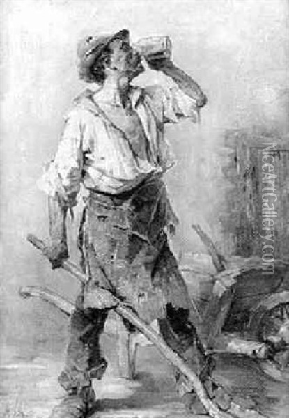 Ein Steinbrucharbeiter Nimmt Einen Kraftigen Schluck Aus Einem Bierhumpen Oil Painting - Friedrich von Keller