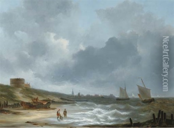 Sailing Along The Dutch Coast Oil Painting - Christiaan Lodewijk Willem Dreibholtz