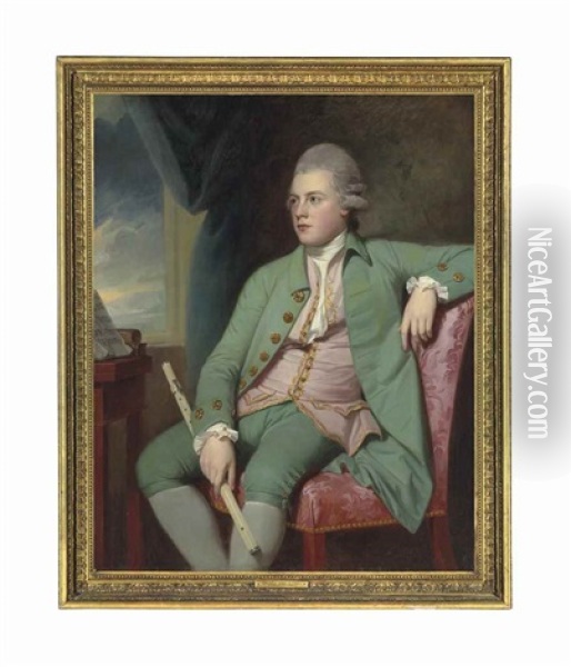Portrait Of Francis Lind (1752/3-1840), Three-quarter-length, Seated At A Window, A One-keyed Simpson Ivory Flute In His Right Hand Oil Painting - George Romney