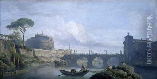 View of the Bridge and Chateau of St. Angelo, Rome, c.1748 Oil Painting - Claude-joseph Vernet