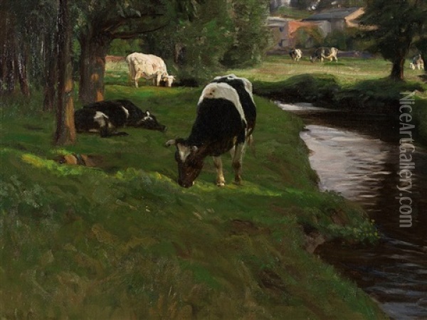 Grazing Cows Oil Painting - Oskar Frenzel