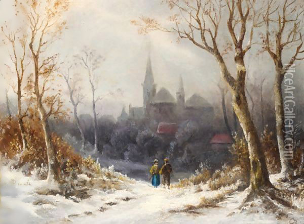 Figures In A Wintry Landscape, A Church Beyond Oil Painting - Colestin Burger