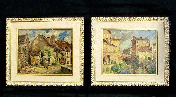 A Village Street Scene; A Village Canal Scene (a Pair) Oil Painting - Emma Lambert Cooper