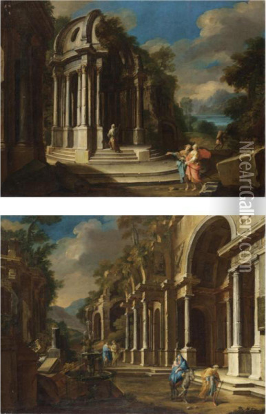 Capriccio Architettonico Con Figure;capriccio Architettonico Con La Fuga In Egitto Oil Painting - Pietro Cappelli