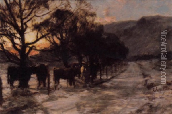 Highland Cattle In The Snow Oil Painting - David Farquharson