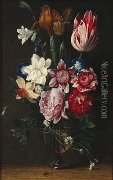 In Einer Glasvase Rosen, Tulpen, Lilien Und Narzissen Oil Painting - Johannes Anthonius van der Baren