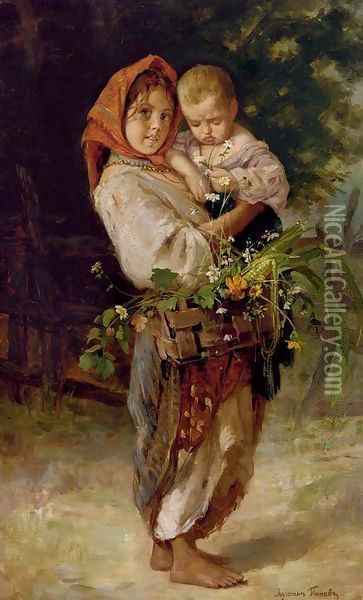 Peasant Girl with Child and Basket Oil Painting - Lukjan Vasilievich Popov