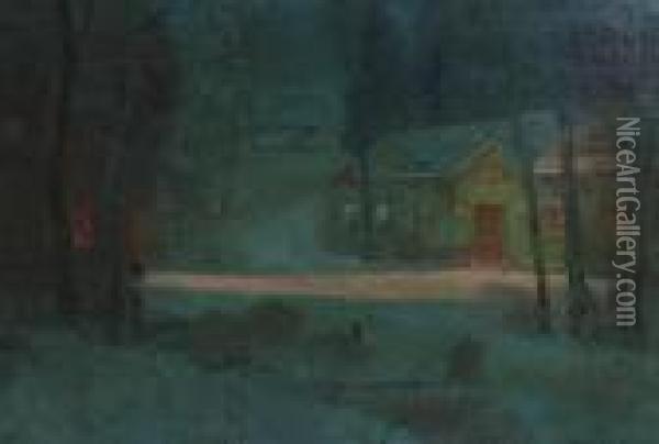 Village Scene At Night Oil Painting - Svend Rasmussen Svendsen