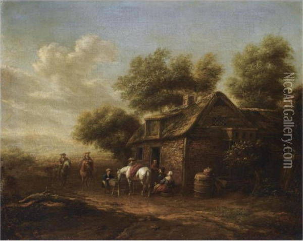 A Dune Landscape With Travellers Resting Outside An Inn Oil Painting - Barent Gael