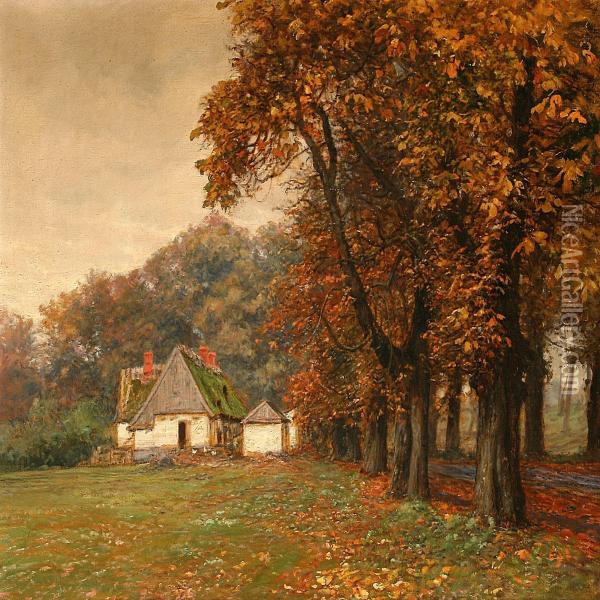 Autumn Forest Scene From Lovenborg, Denmark Oil Painting - Hans Mathias Dall