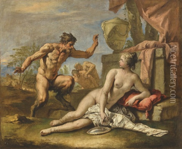 A Nymph And A Satyr Oil Painting - Sebastiano Ricci