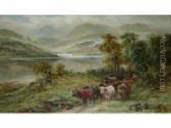 Tending Highland Cattle By A Loch; Highland Cattle Watering Oil Painting - William Langley