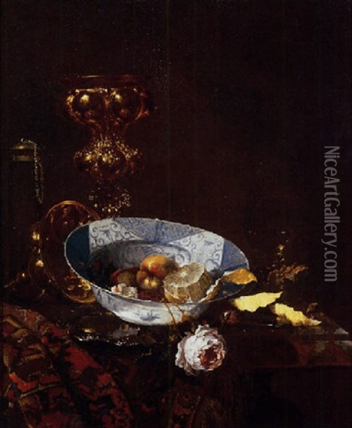 Peaches, A Rose And A Partly-peeled Lemon In A Wan Li Kraak Porselein Bowl With A Silver Gilt Standing Cup Oil Painting - Willem Kalf