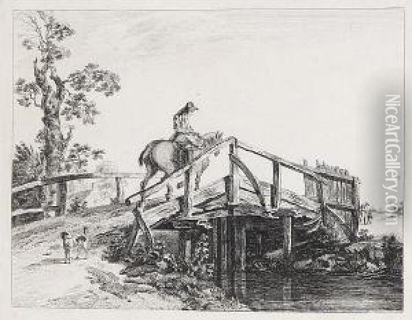 Horse And Rider Crossing A Wooden Bridge Oil Painting - Paul Sandby