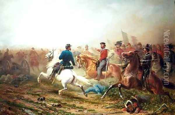 Garibaldi and His Staff on a Battlefield Oil Painting - A. Jules Van Imschoot