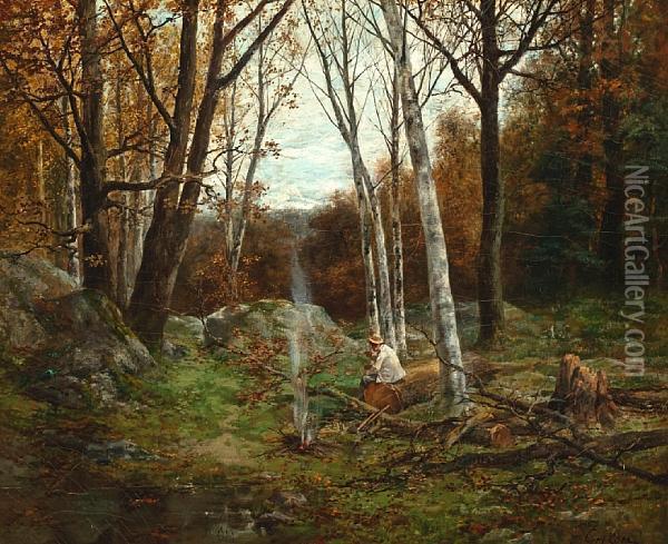 An Autumn Landscape With A Figure Burning Faggots Oil Painting - Francois Adolphe Grison
