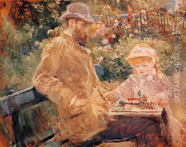 Eugene Manet and His Daughter at Bougival Oil Painting - Berthe Morisot