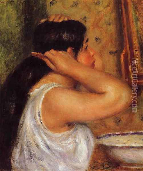 La Toilette Woman Combing Her Hair Oil Painting - Pierre Auguste Renoir