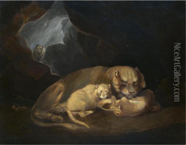 A Lioness In A Cave With Her Cubs Oil Painting - William Huggins
