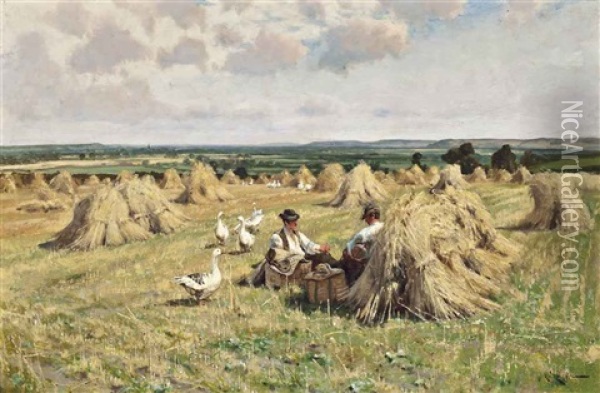 A Lunchtime Break Oil Painting - Arthur William Redgate