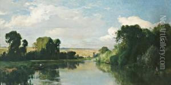 Elegante Et Pecheur Sur La Riviere Oil Painting - Eugene Antoine Samuel Lavieille