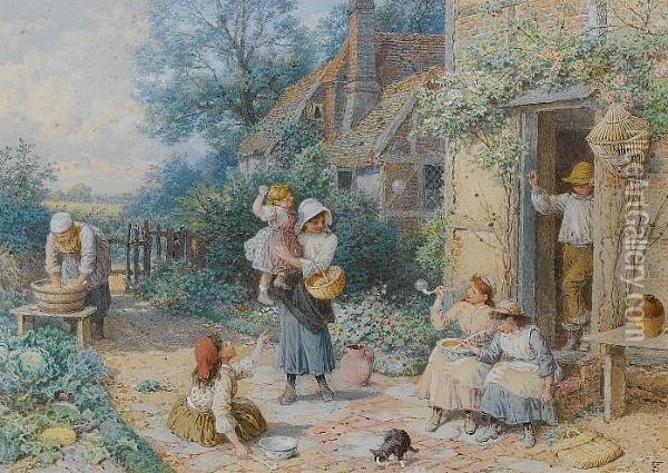 Children Blowing Bubbles By A Cottage Oil Painting - Myles Birket Foster