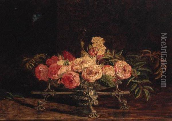 Pink And White Roses In An 18th 
Century Silver Dish-cross, Achalkhill Blue Butterfly Above Oil Painting - William Bell Scott