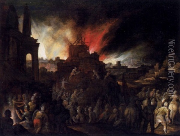Soldaten Sturmen Eine Brennende Stadt (troja?) Oil Painting - Pieter Schoubroeck
