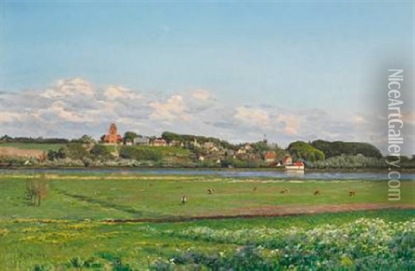Landscape At Gentofte So (lake) With The Village And Church Of Gentofte In The Background Oil Painting - Godfred Christensen