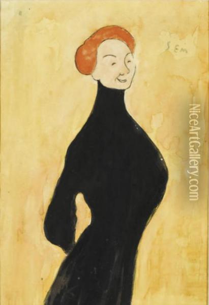 Femme En Robe Noire, Vue De Profil Vers La Droite Oil Painting - Georges Goursat Sem