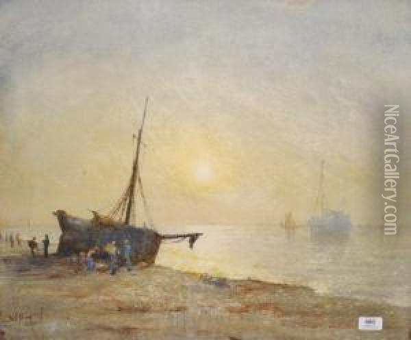 Beach Scene At Low Tide With Figures Unloading Fishing Boats Oil Painting - William Perry