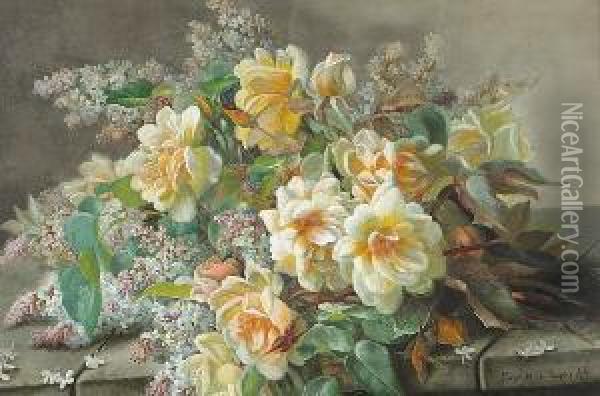 A Still Life With Roses And Lilacs On A Ledge Oil Painting - Raoul Maucherat de Longpre