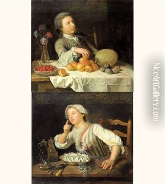 Jeune Homme A Table Devant Des Fruits (+ Jeune Femme A Table Devant Des Herbes; Pair) Oil Painting - Andre Bouys