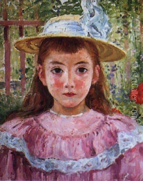 Petit Fille A La Robe Rose Et Chapeau Jaune Oil Painting - Emile Alfred Dezaunay